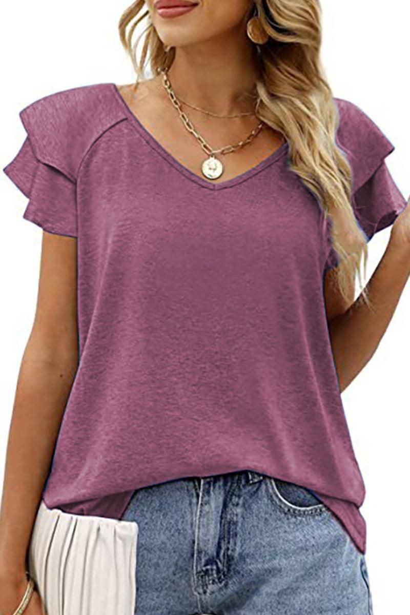 V NECK DOUBLE SLEEVE LOOSE TOP - Doublju