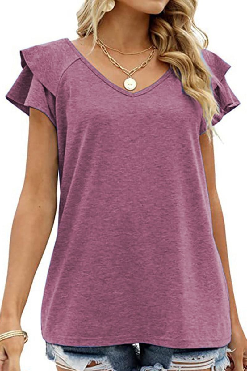 V NECK DOUBLE SLEEVE LOOSE TOP - Doublju