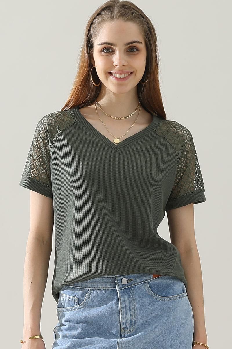 PUNCHING LACE SLEEVE V NECK WAFFLE TOP - Doublju