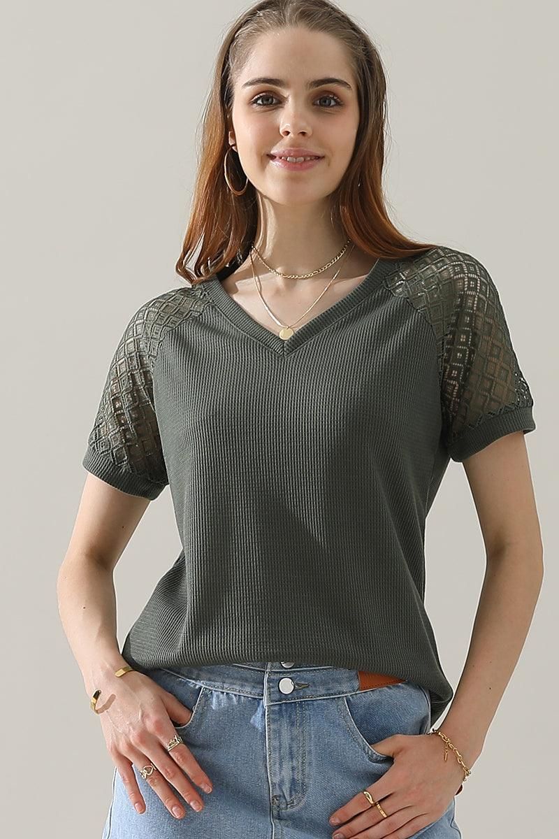PUNCHING LACE SLEEVE V NECK WAFFLE TOP - Doublju