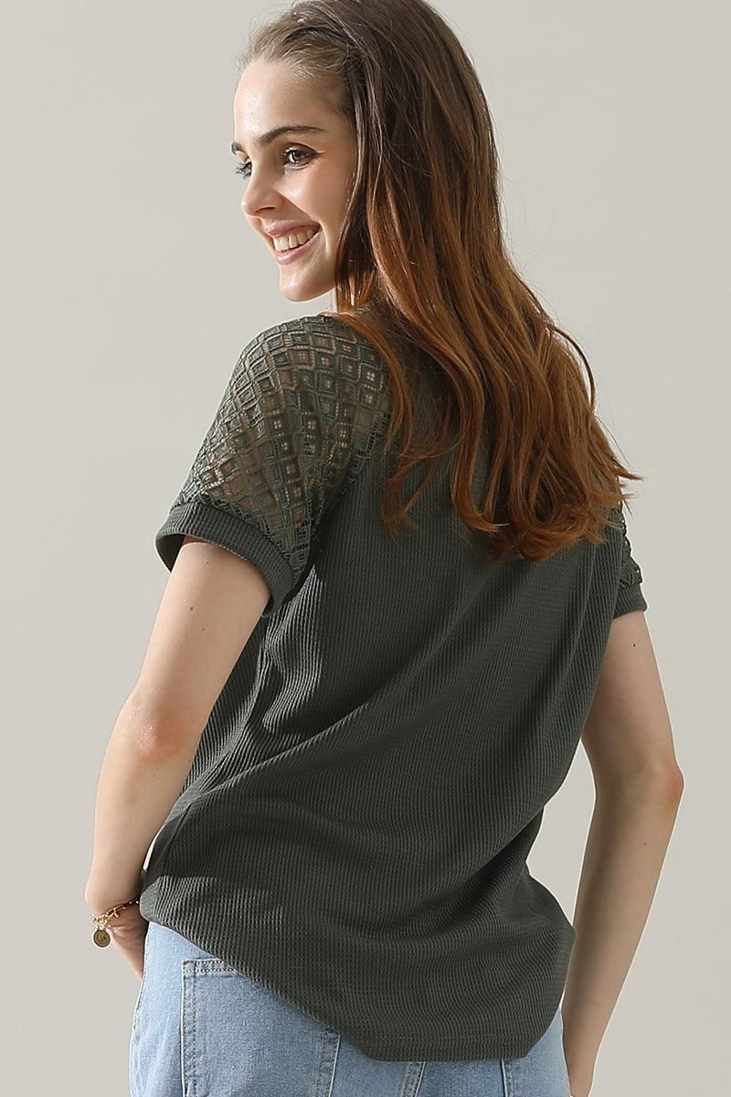 PUNCHING LACE SLEEVE V NECK WAFFLE TOP - Doublju