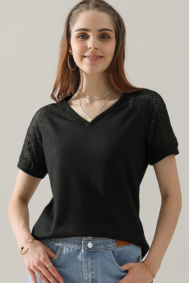 PUNCHING LACE SLEEVE V NECK WAFFLE TOP - Doublju