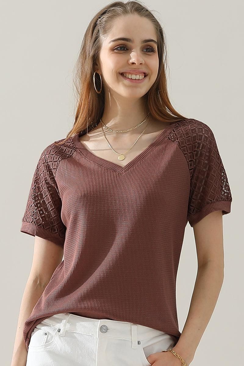 PUNCHING LACE SLEEVE V NECK WAFFLE TOP - Doublju