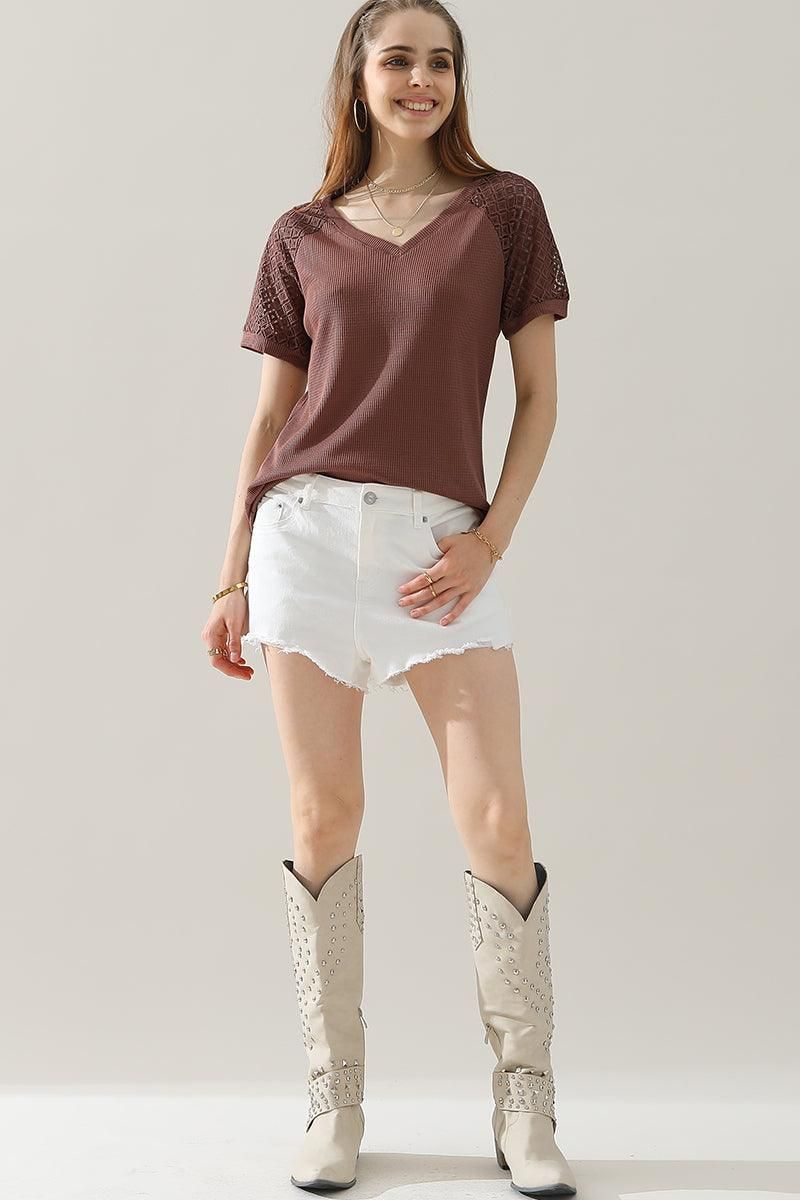 PUNCHING LACE SLEEVE V NECK WAFFLE TOP - Doublju