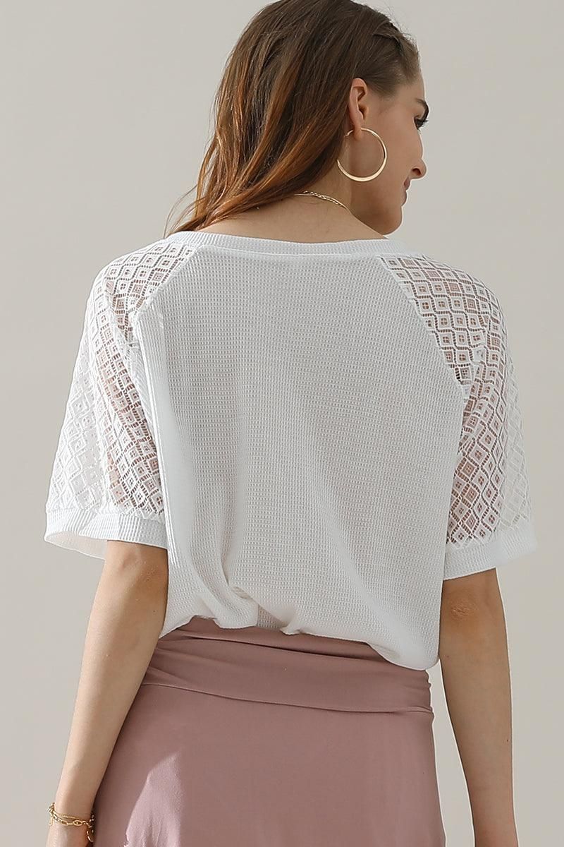 PUNCHING LACE SLEEVE V NECK WAFFLE TOP - Doublju