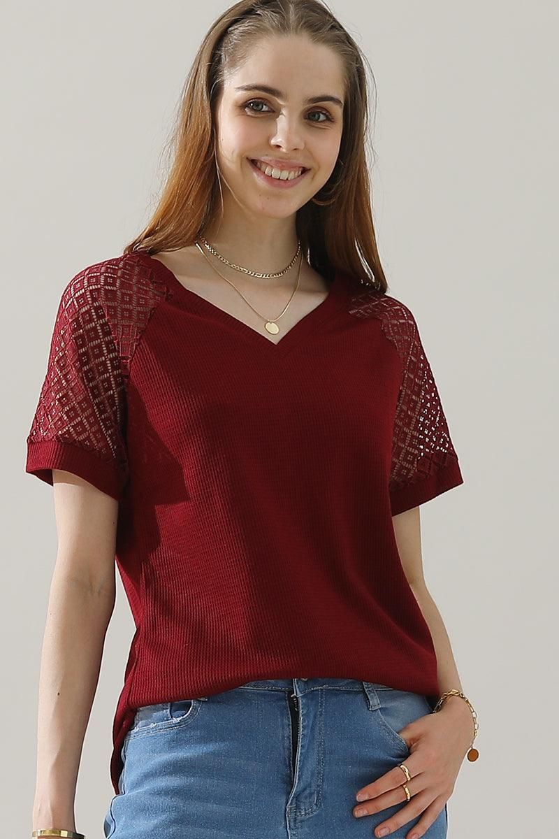 PUNCHING LACE SLEEVE V NECK WAFFLE TOP - Doublju