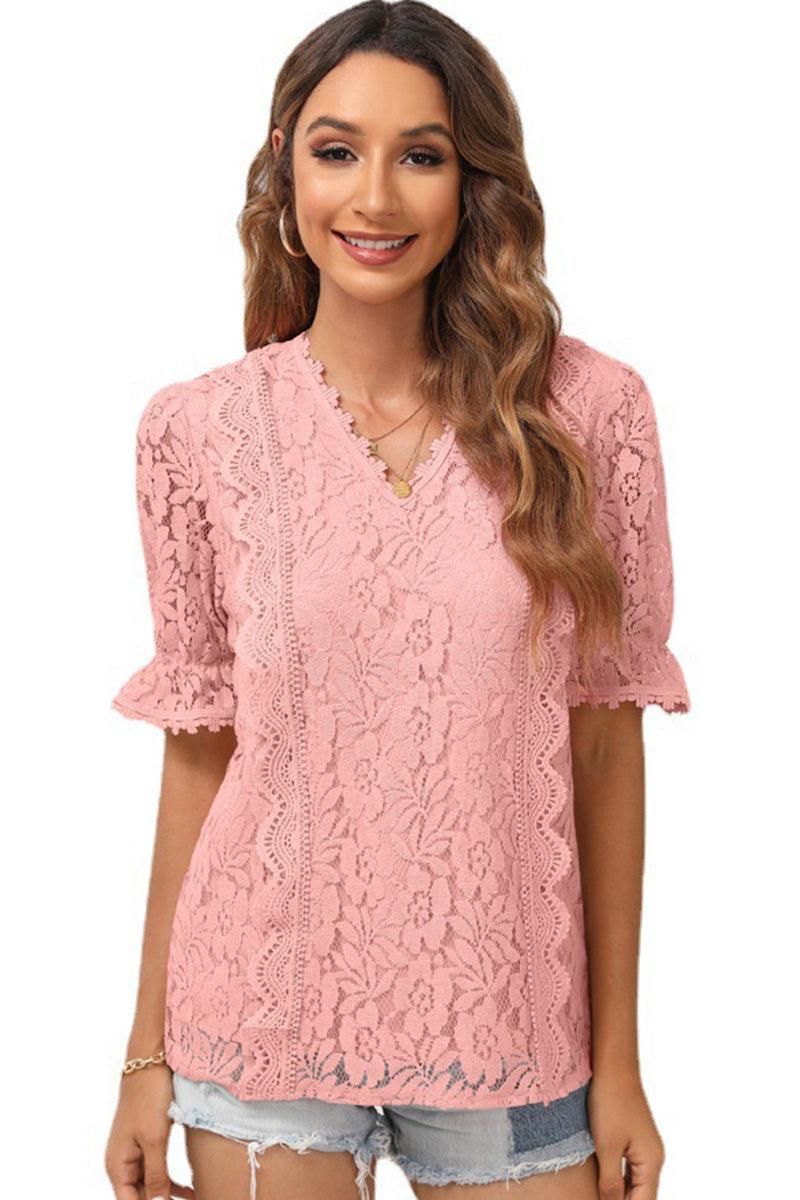 V NECK CUT OUT LACE PRINCESS SLEEVE KNIT TOP - Doublju