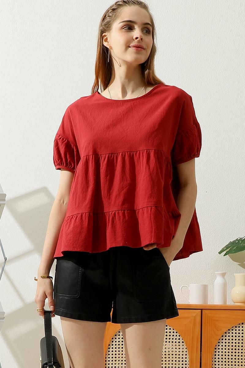 SLIT BACK SHORT PUFF SLEEVE CAKE RUFFLE TOP - Doublju