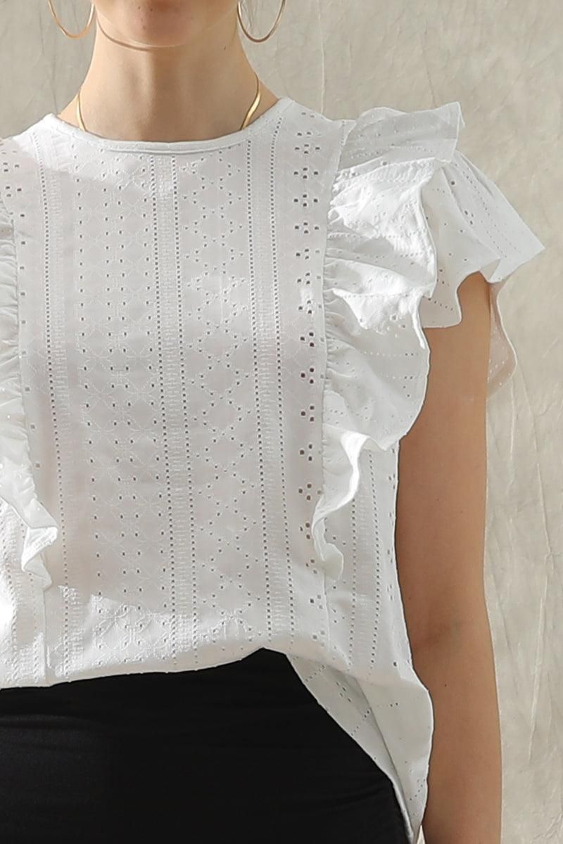 RUFFLED SLEEVE PUNCHING LACE CREW NECK TEE - Doublju