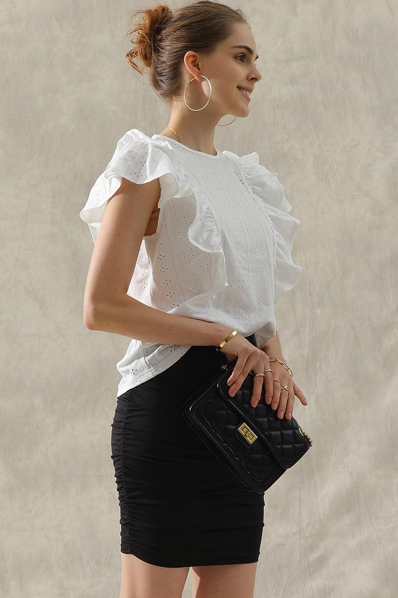 RUFFLED SLEEVE PUNCHING LACE CREW NECK TEE - Doublju