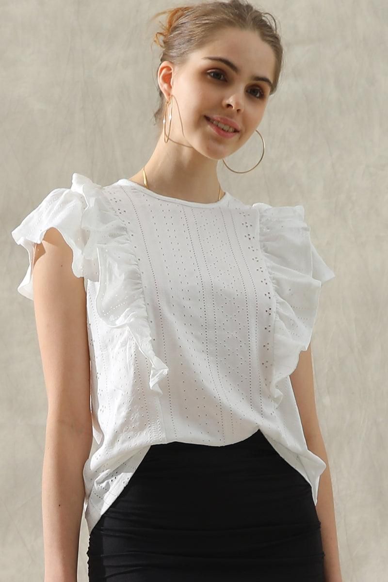 RUFFLED SLEEVE PUNCHING LACE CREW NECK TEE - Doublju
