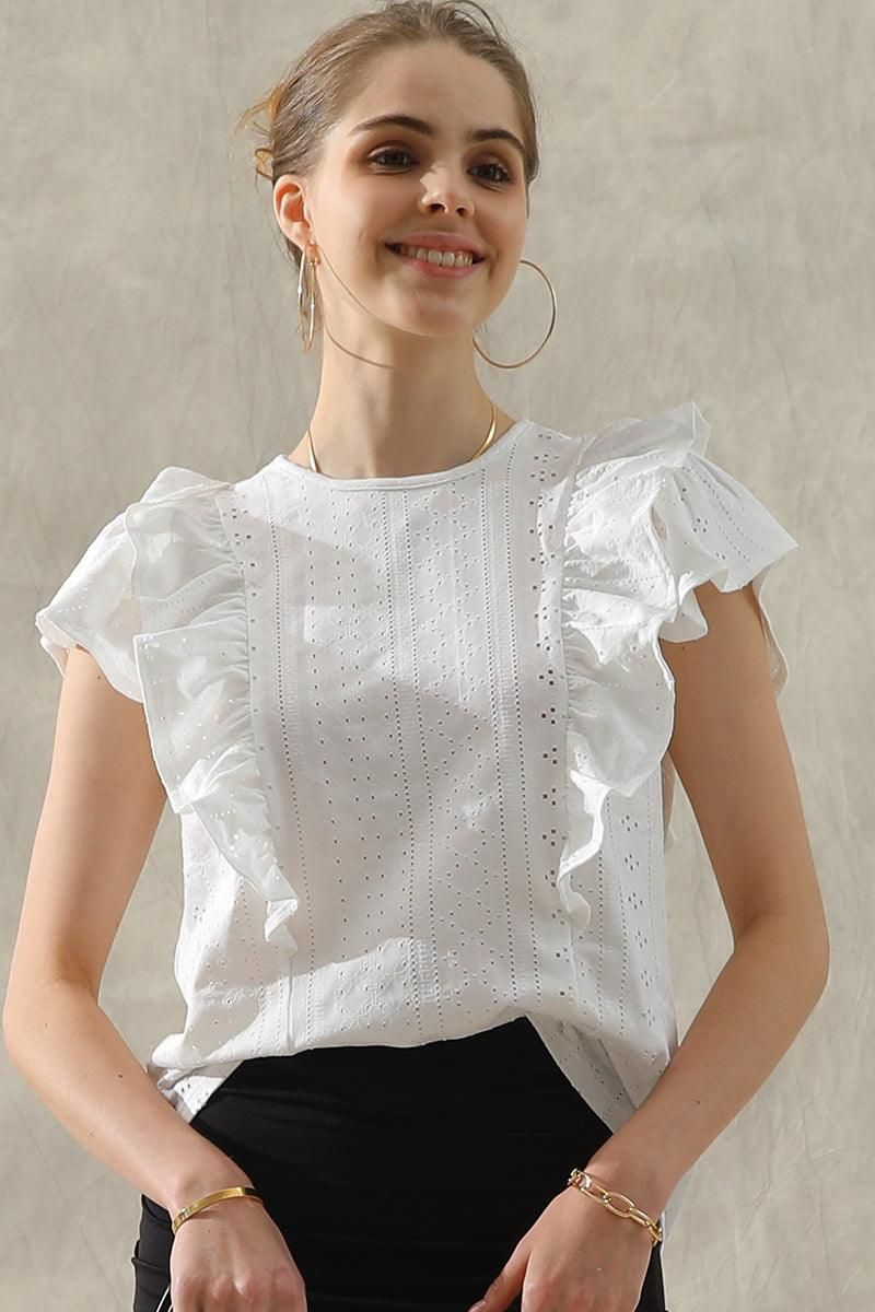 RUFFLED SLEEVE PUNCHING LACE CREW NECK TEE - Doublju