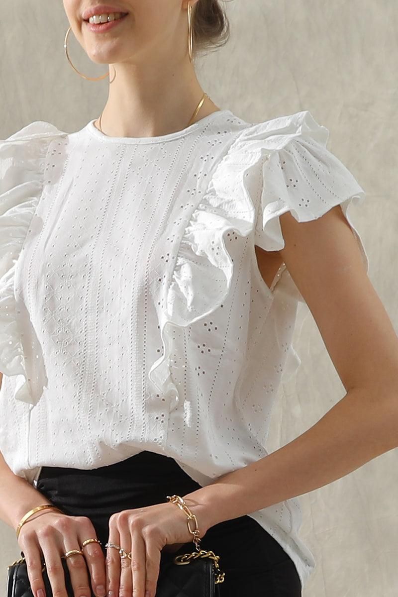 RUFFLED SLEEVE PUNCHING LACE CREW NECK TEE - Doublju