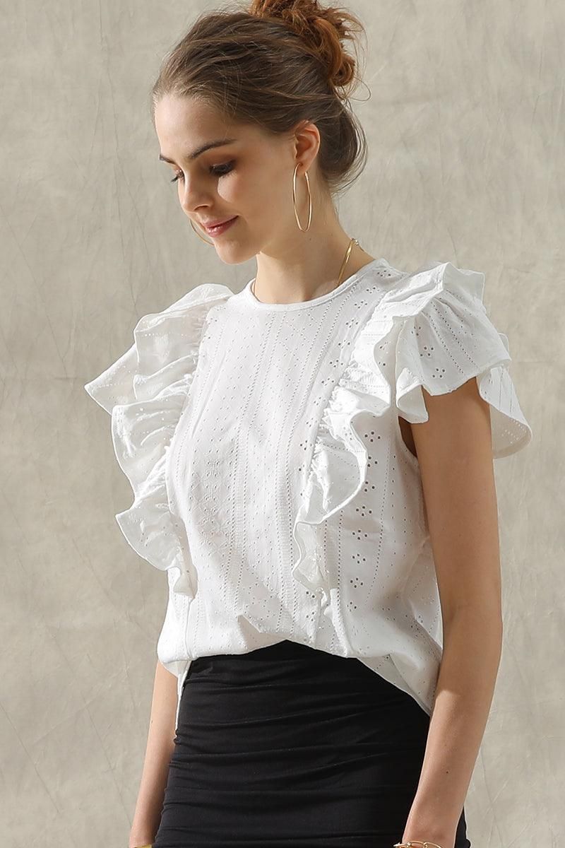RUFFLED SLEEVE PUNCHING LACE CREW NECK TEE - Doublju