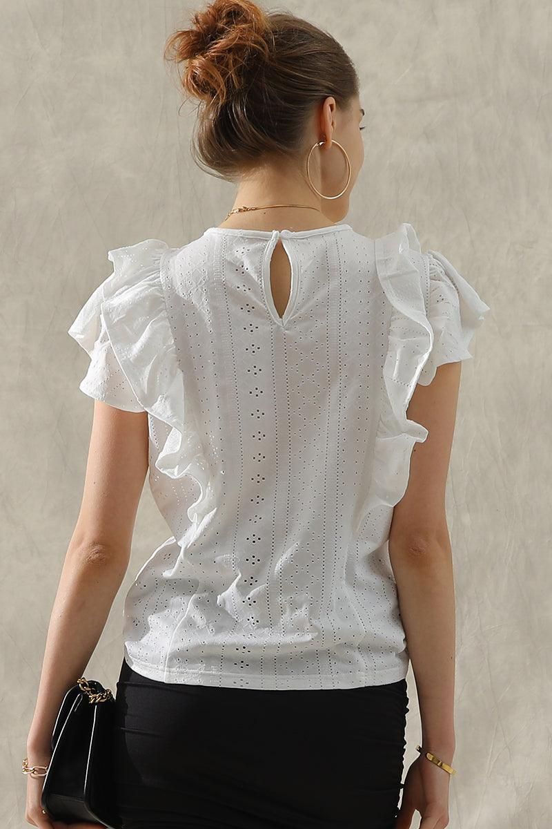 RUFFLED SLEEVE PUNCHING LACE CREW NECK TEE - Doublju