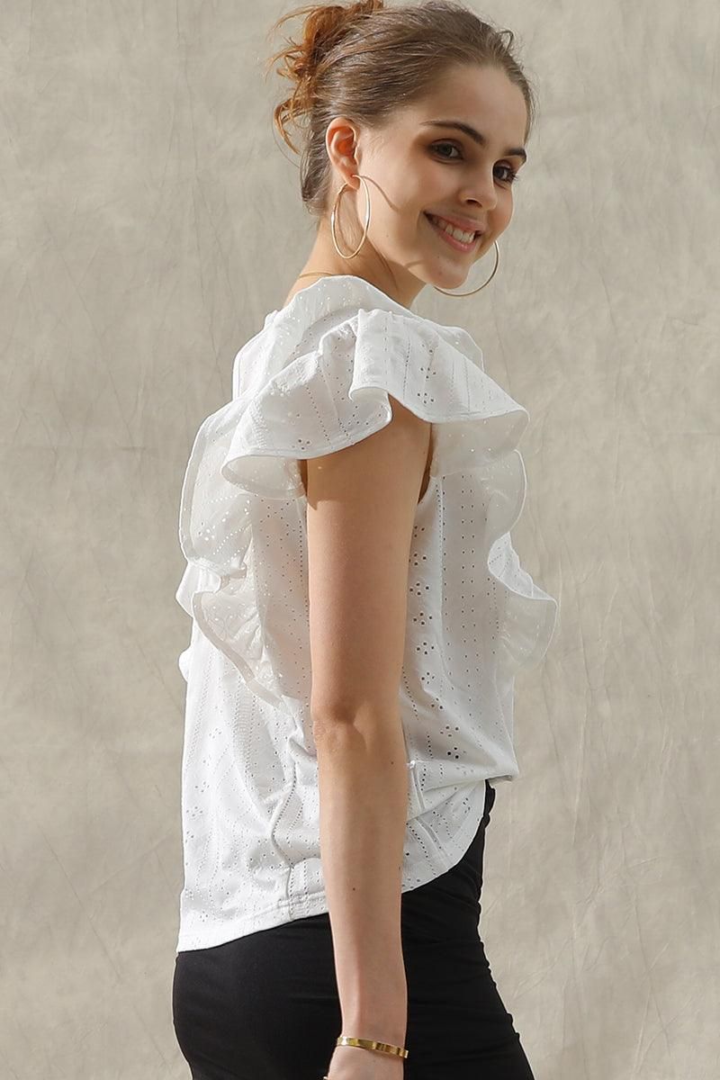 RUFFLED SLEEVE PUNCHING LACE CREW NECK TEE - Doublju