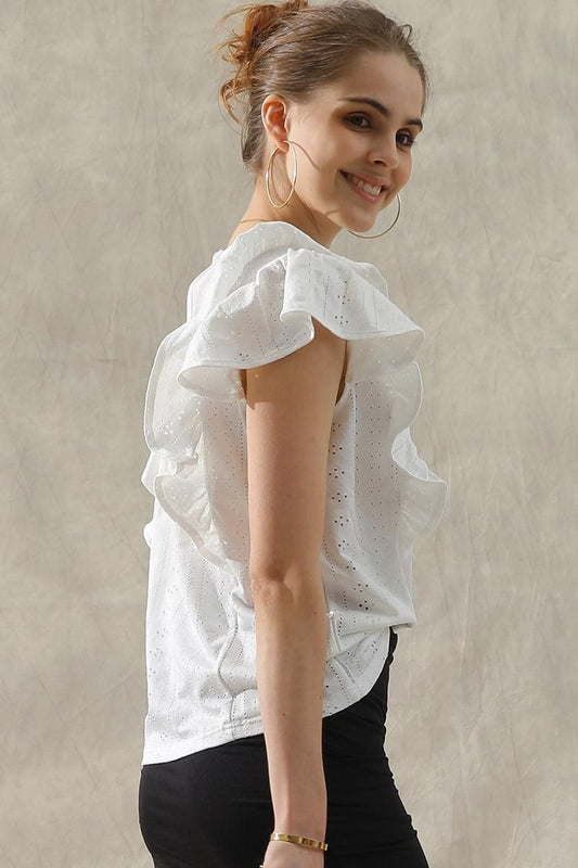 RUFFLED SLEEVE PUNCHING LACE CREW NECK TEE - Doublju