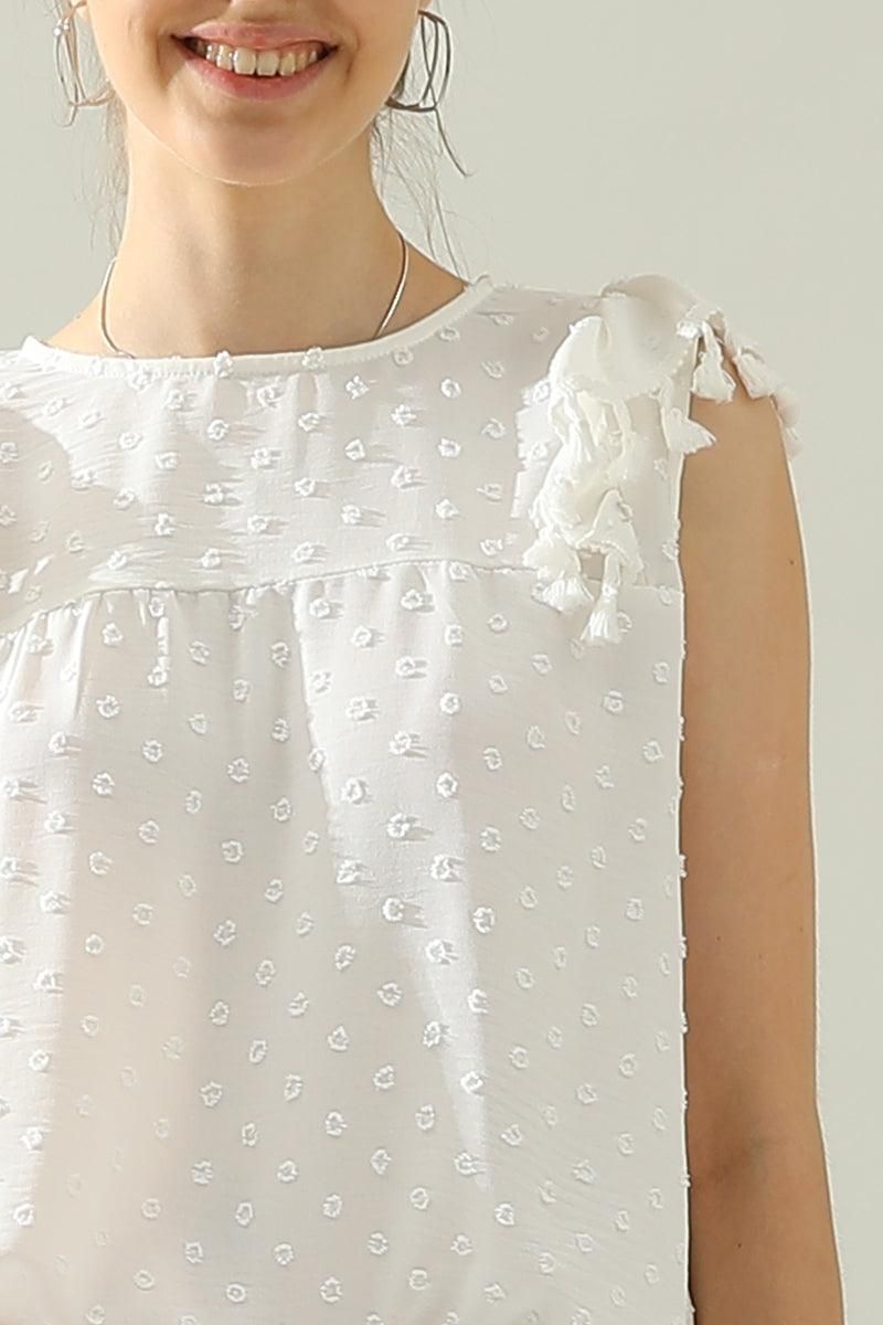 DOT LACE WRINKLED CHEST TASSEL CAP SLEEVE TEE - Doublju