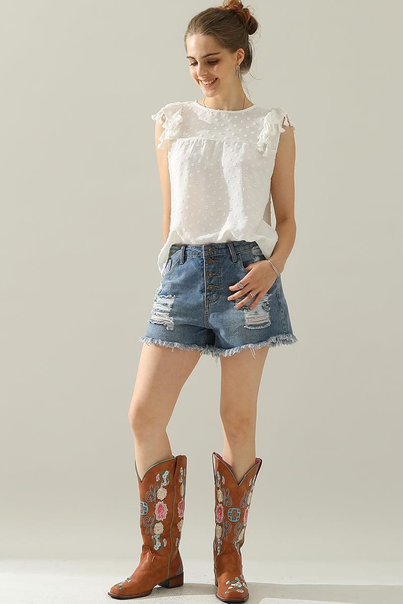 DOT LACE WRINKLED CHEST TASSEL CAP SLEEVE TEE - Doublju