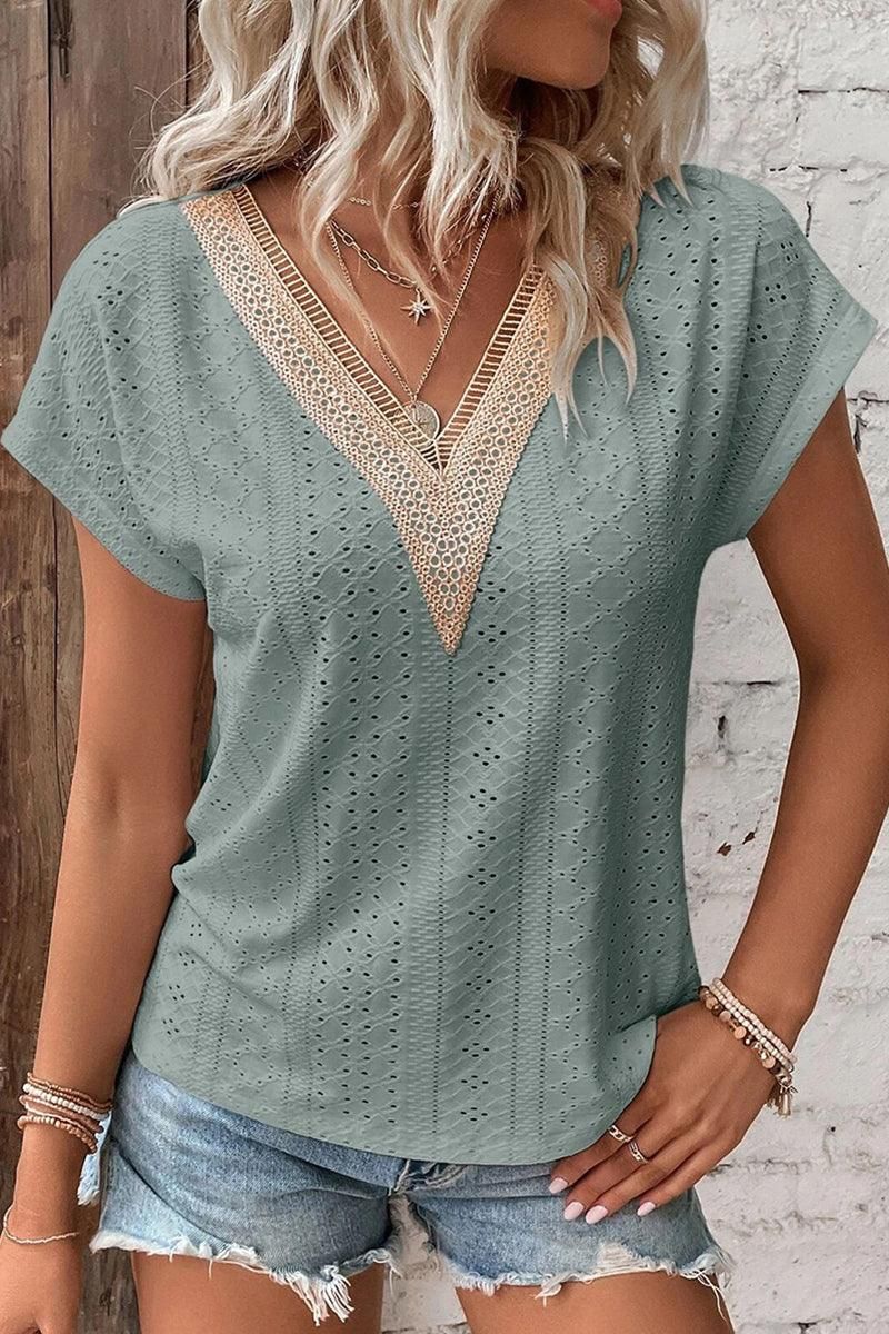 GOLD LACE V NECK PUNCHING TEES - Doublju