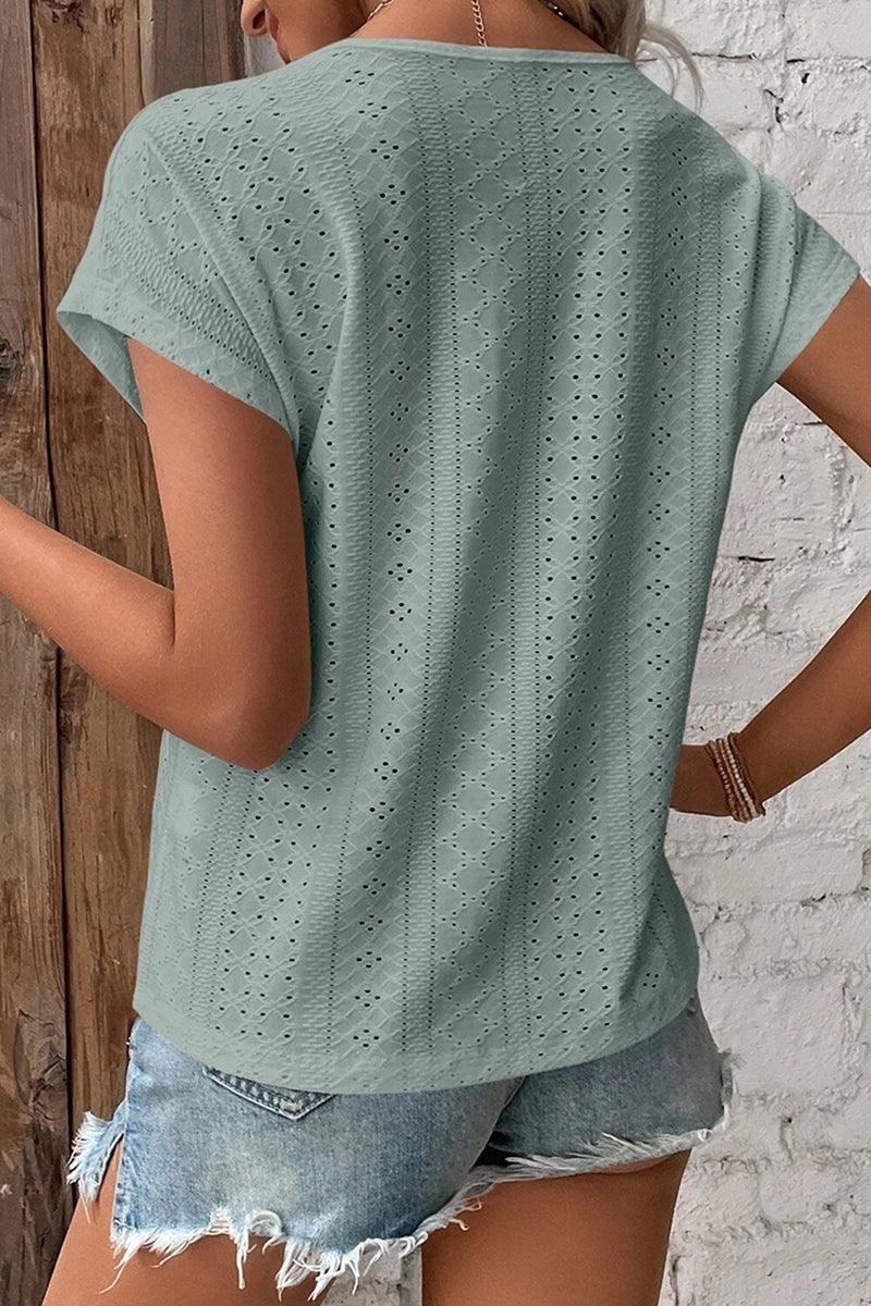 GOLD LACE V NECK PUNCHING TEES - Doublju