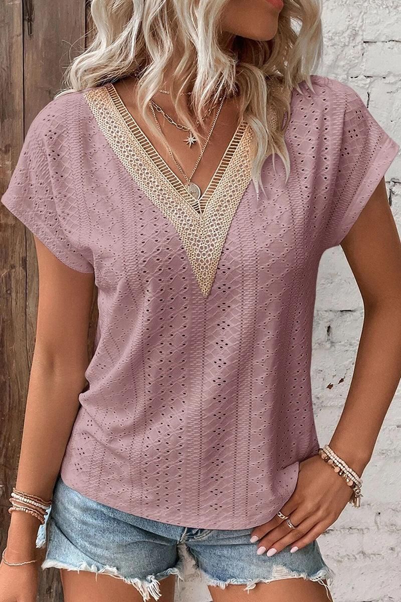 GOLD LACE V NECK PUNCHING TEES - Doublju