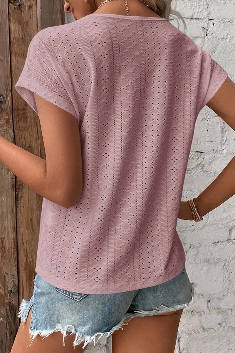 GOLD LACE V NECK PUNCHING TEES - Doublju