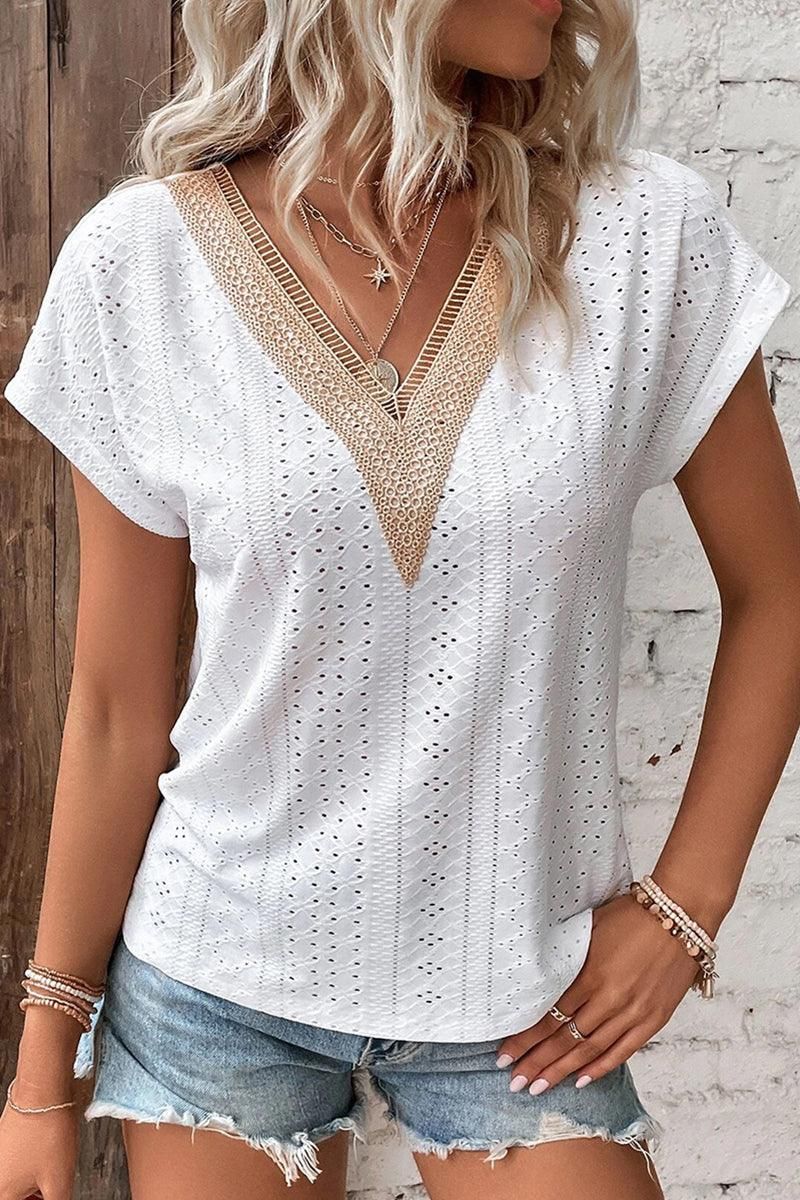 GOLD LACE V NECK PUNCHING TEES - Doublju