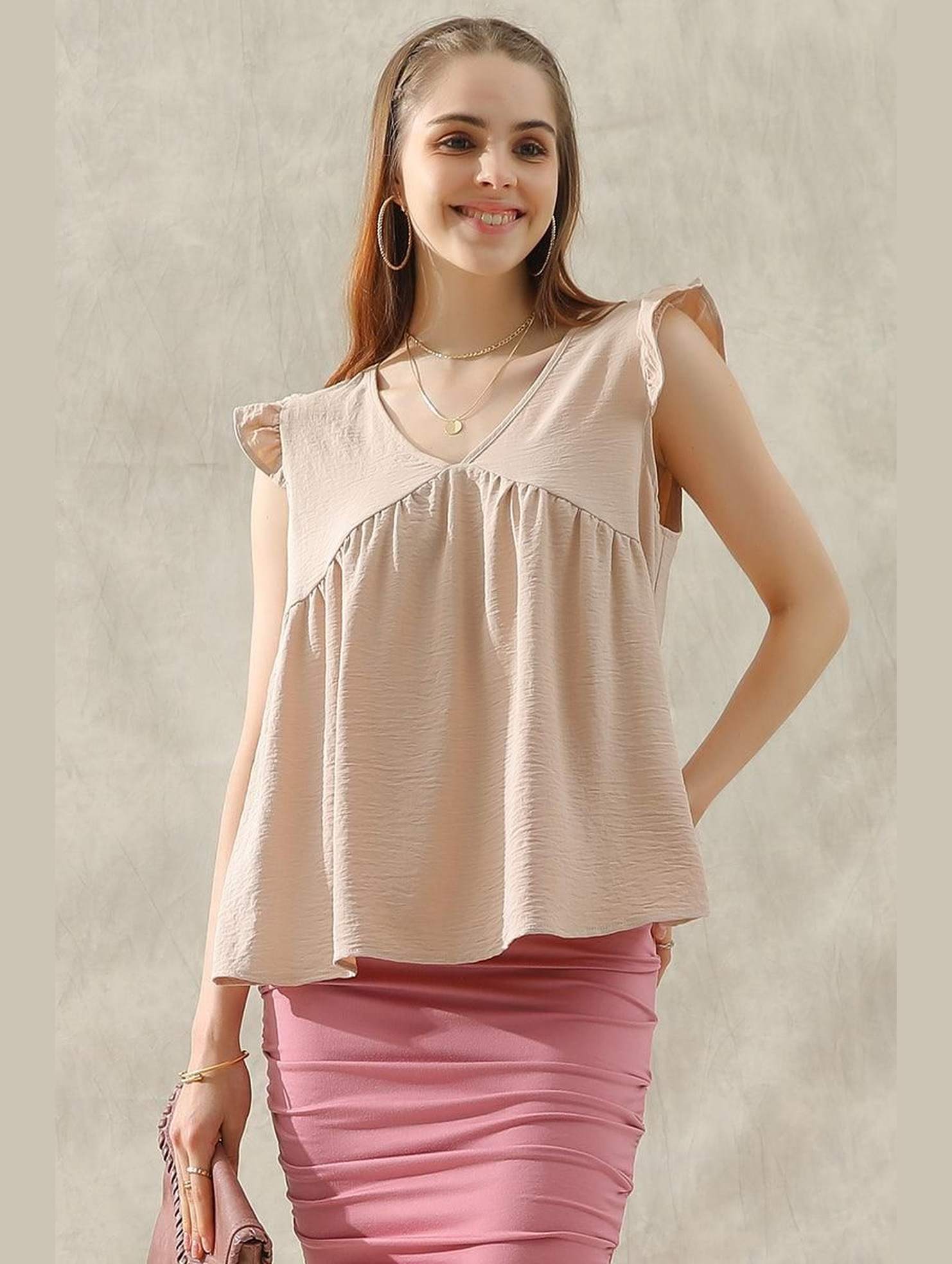 V NECK RUFFLE SLEEVE TOP - Doublju