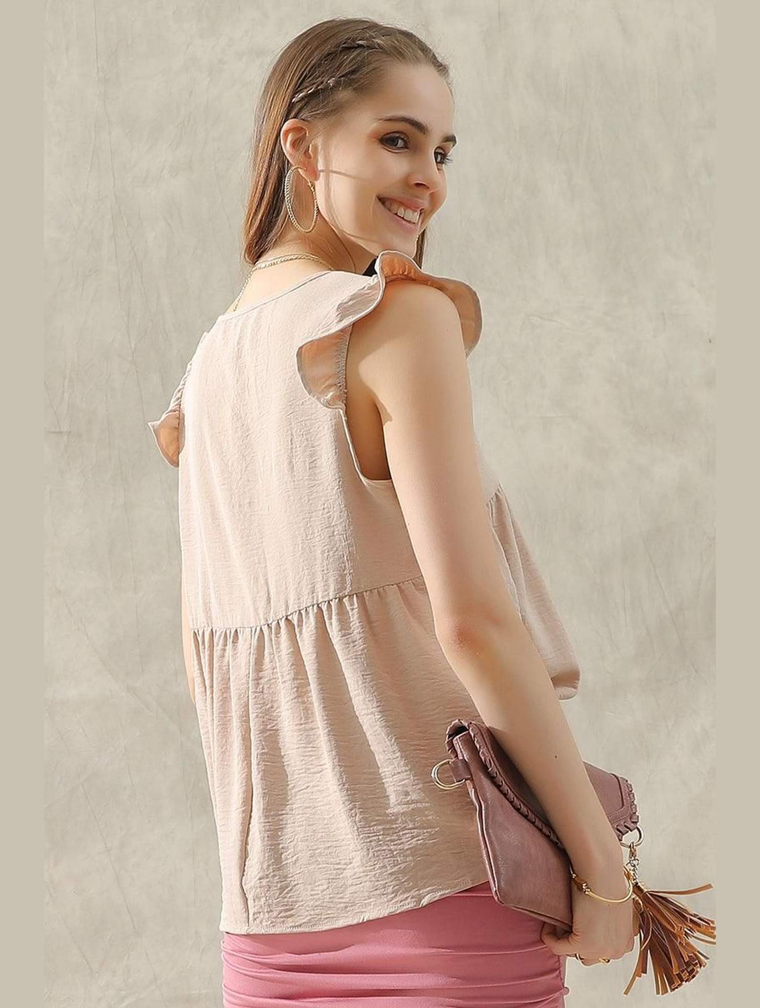 V NECK RUFFLE SLEEVE TOP - Doublju