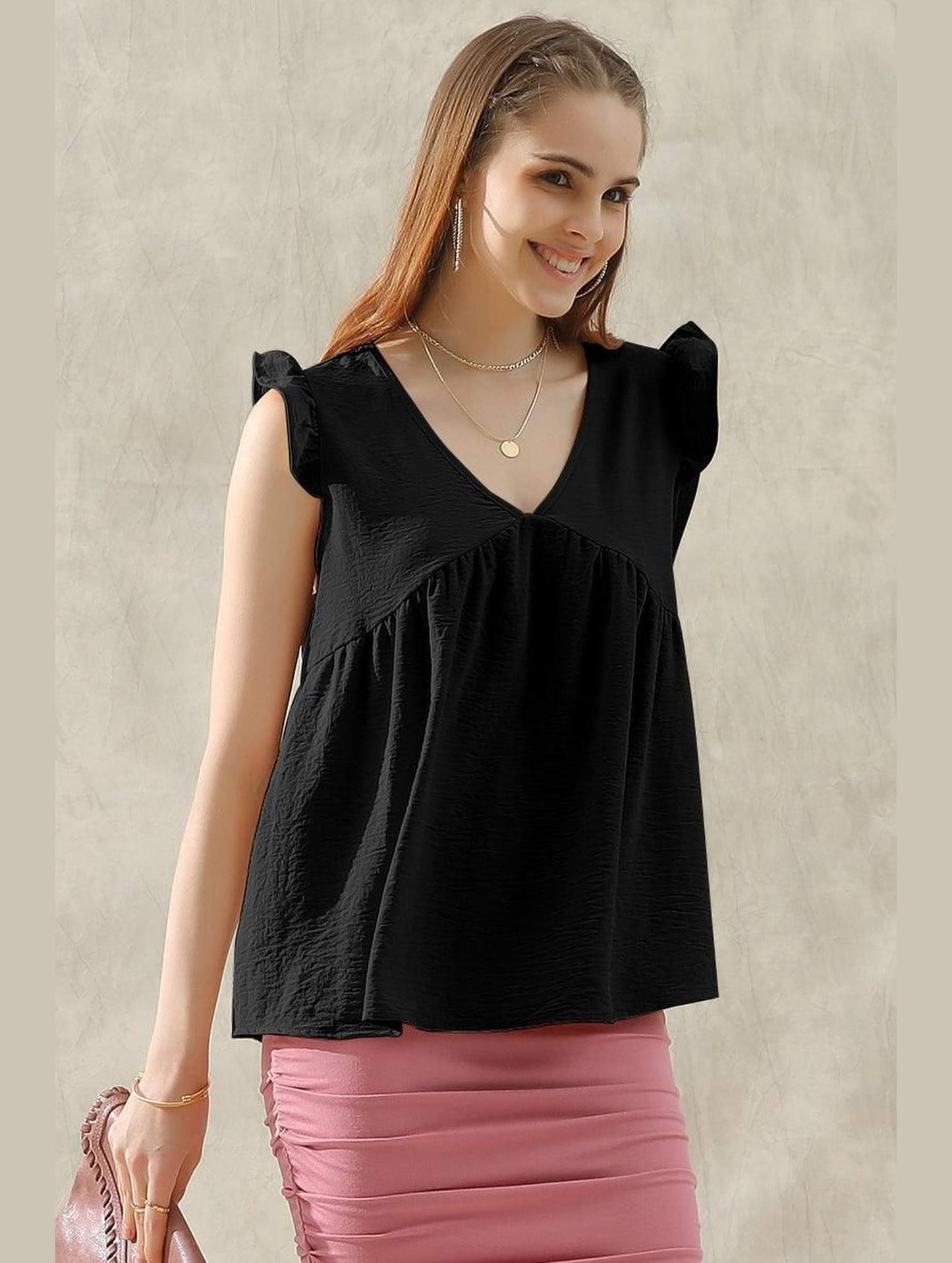 V NECK RUFFLE SLEEVE TOP - Doublju