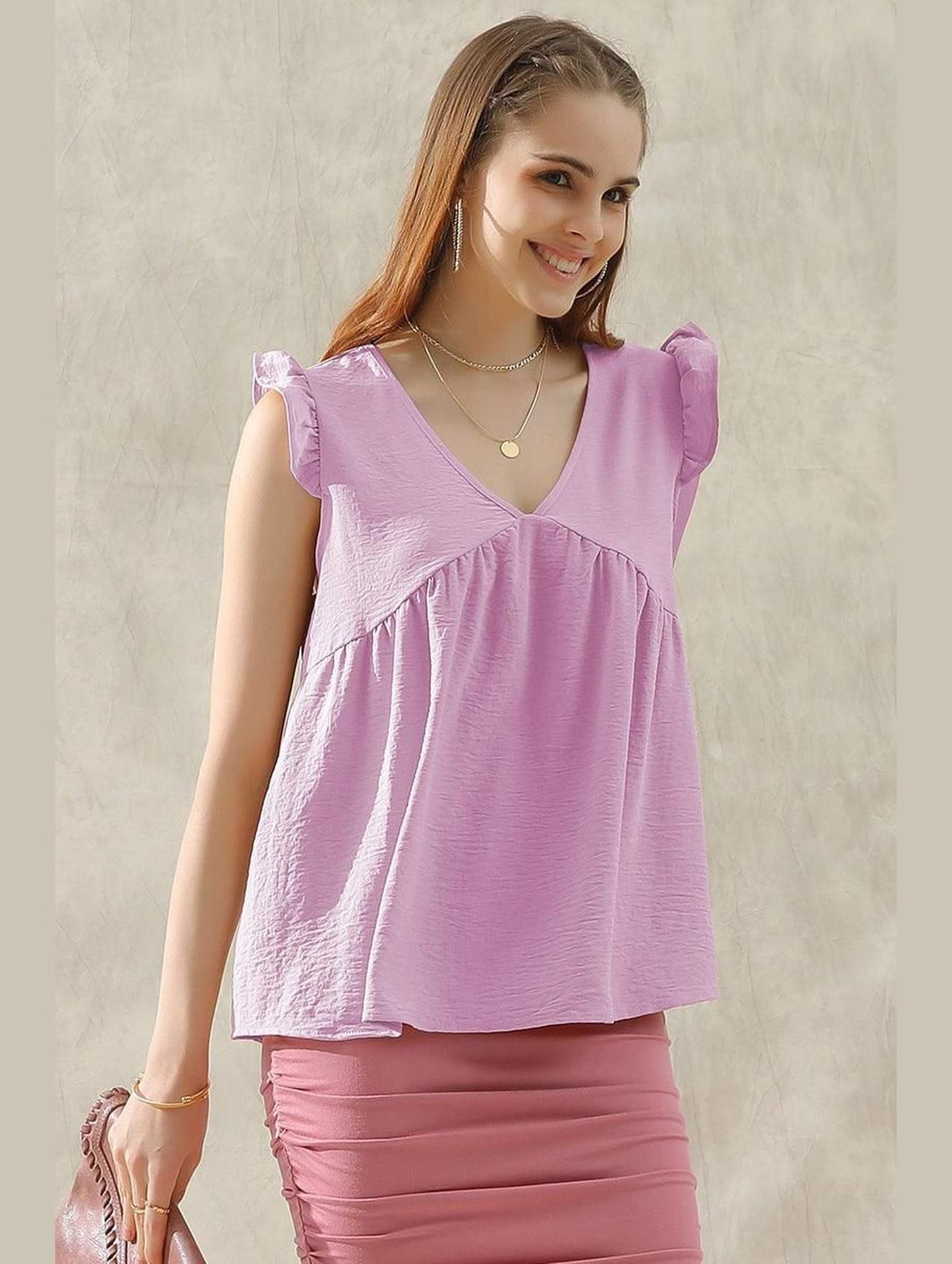 V NECK RUFFLE SLEEVE TOP - Doublju