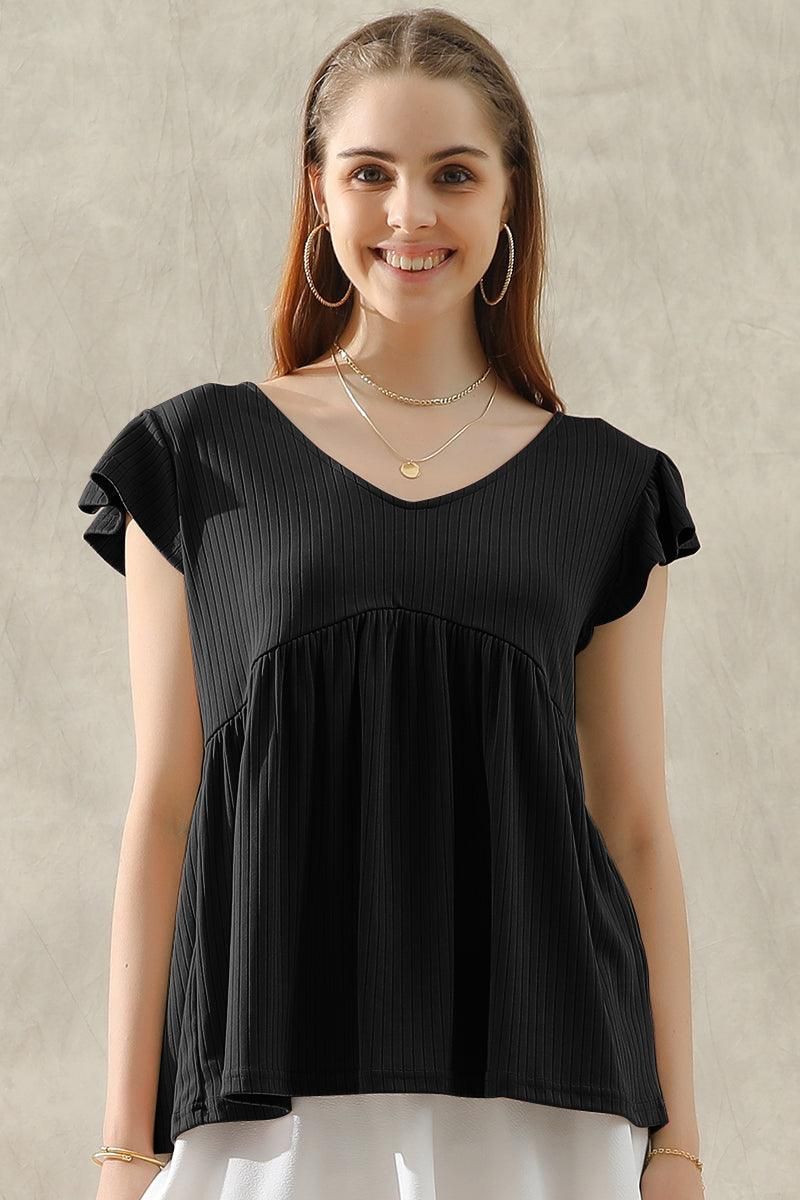 V NECK RUFFLED SHORT SLEEVE FLARE TUNIC TOP - Doublju