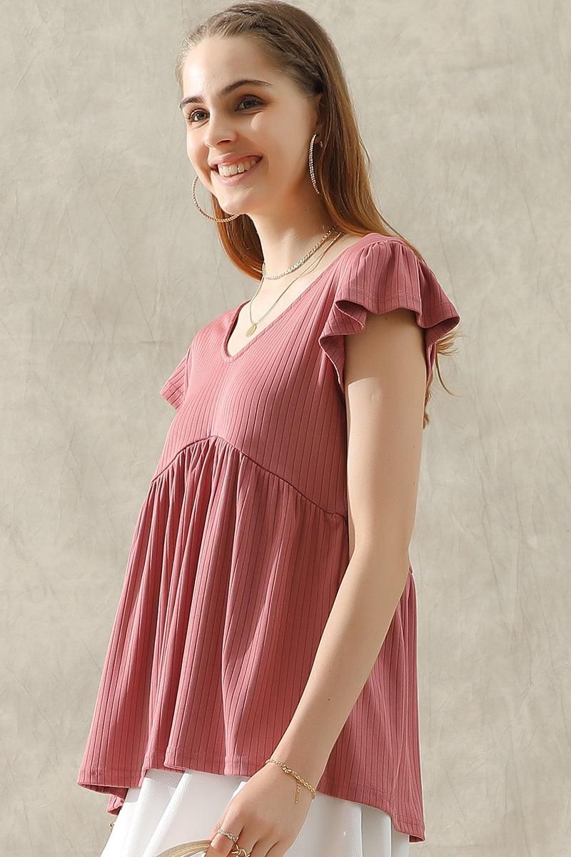 V NECK RUFFLED SHORT SLEEVE FLARE TUNIC TOP - Doublju