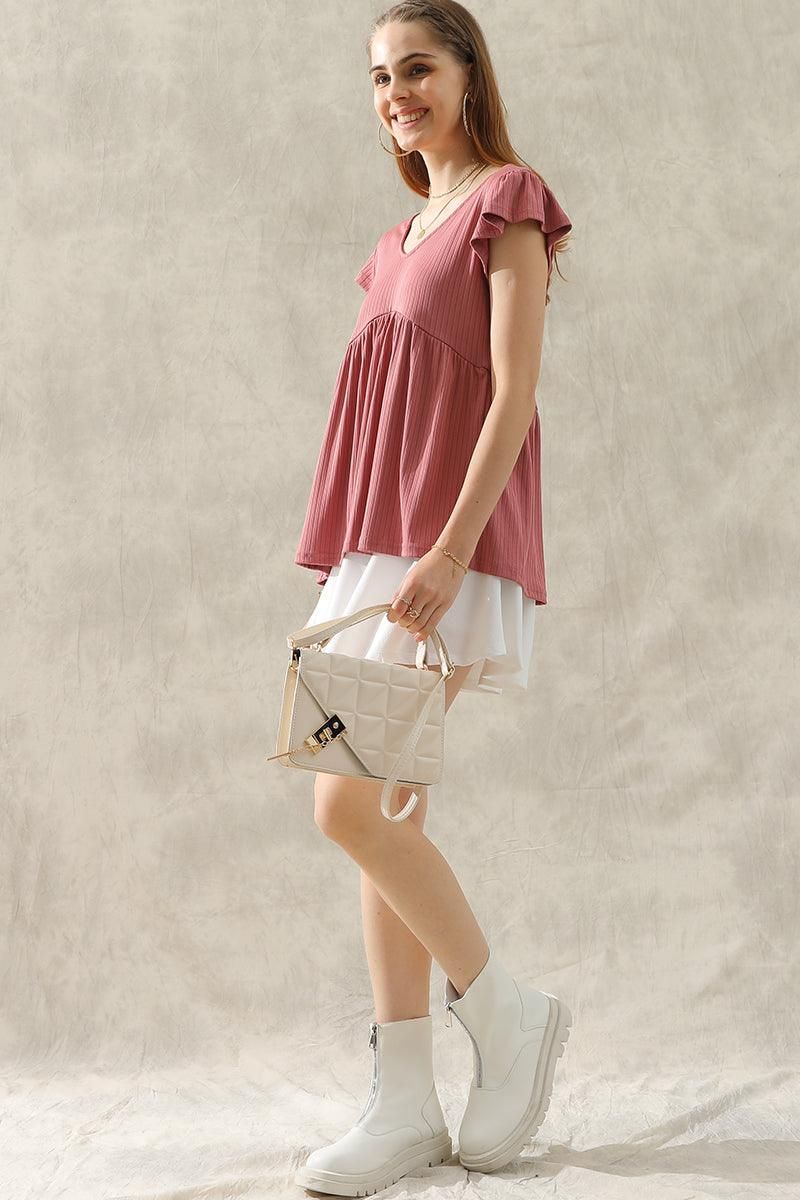 V NECK RUFFLED SHORT SLEEVE FLARE TUNIC TOP - Doublju