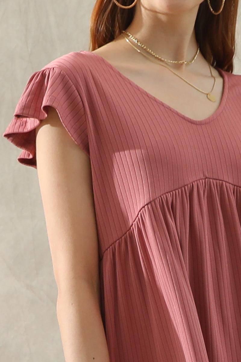 V NECK RUFFLED SHORT SLEEVE FLARE TUNIC TOP - Doublju