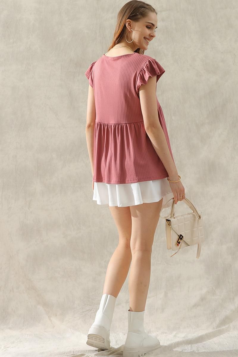 V NECK RUFFLED SHORT SLEEVE FLARE TUNIC TOP - Doublju