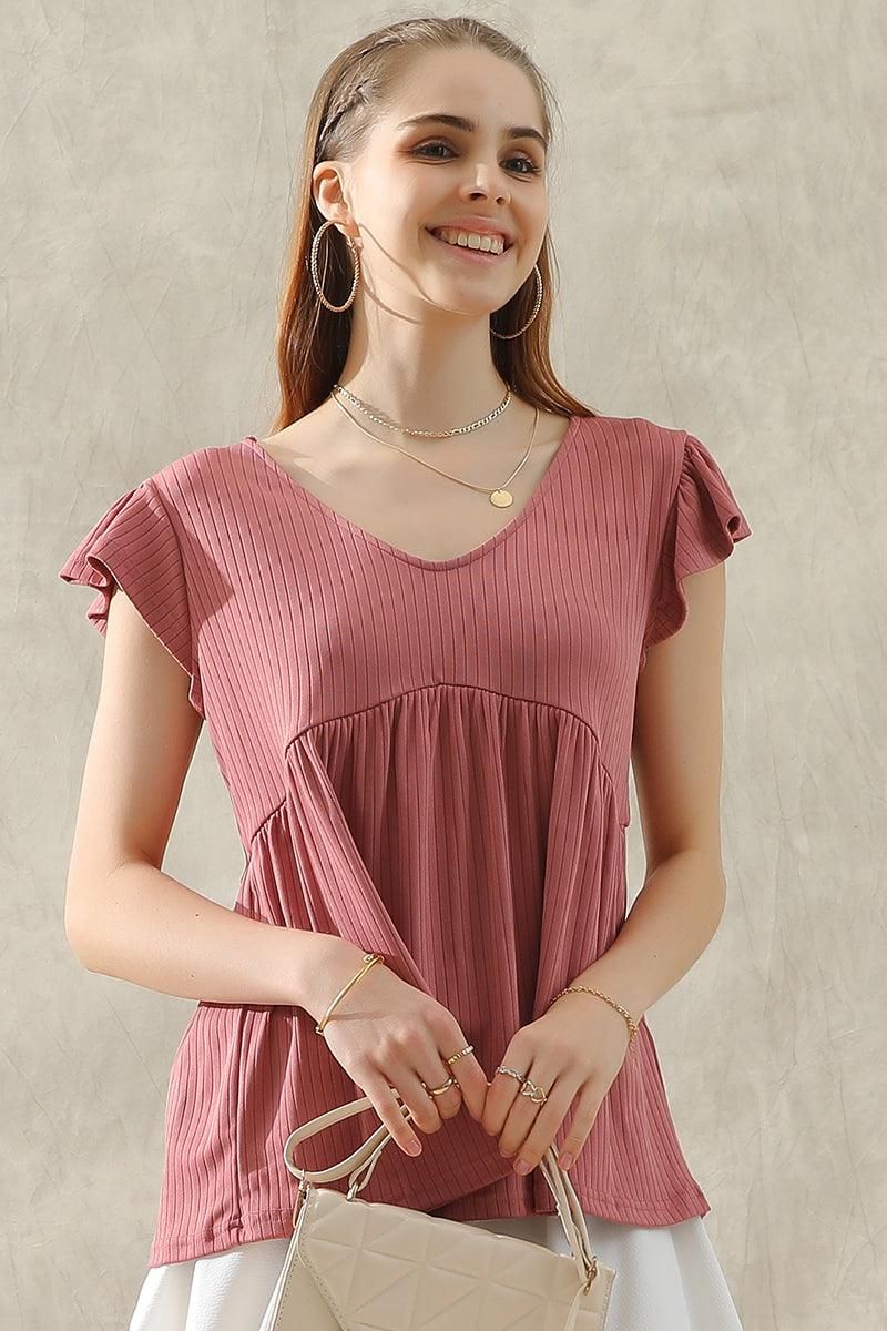 V NECK RUFFLED SHORT SLEEVE FLARE TUNIC TOP - Doublju