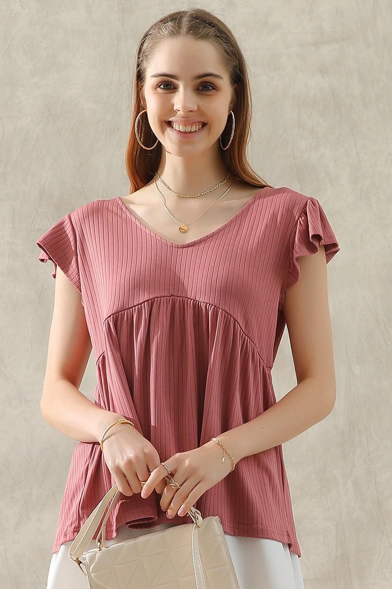 V NECK RUFFLED SHORT SLEEVE FLARE TUNIC TOP - Doublju