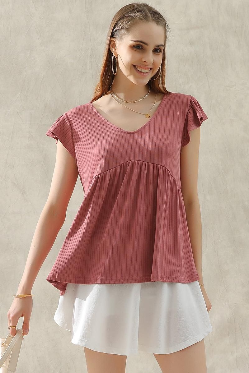 V NECK RUFFLED SHORT SLEEVE FLARE TUNIC TOP - Doublju