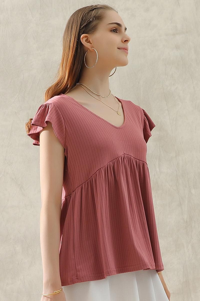 V NECK RUFFLED SHORT SLEEVE FLARE TUNIC TOP - Doublju