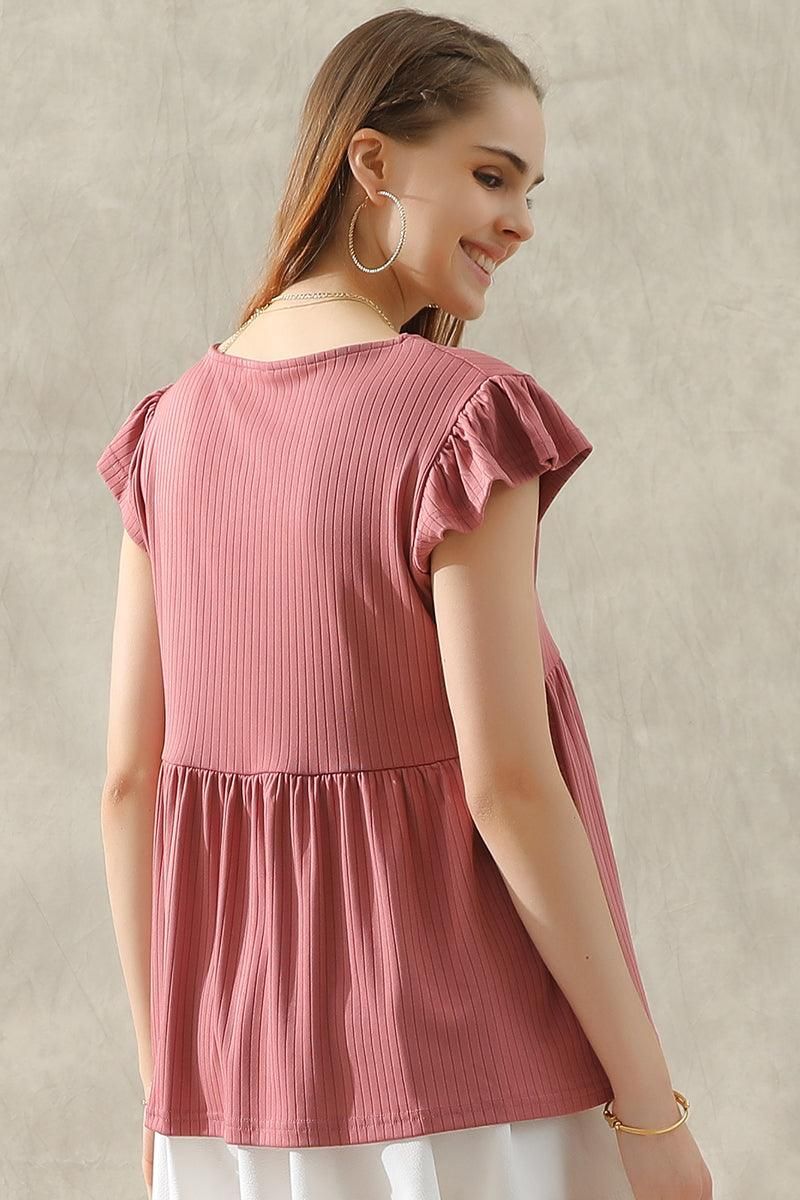 V NECK RUFFLED SHORT SLEEVE FLARE TUNIC TOP - Doublju