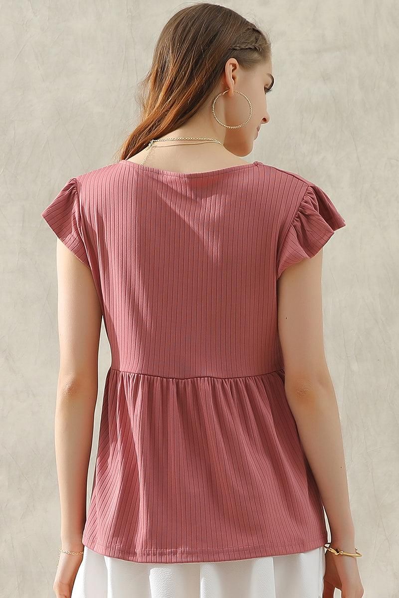 V NECK RUFFLED SHORT SLEEVE FLARE TUNIC TOP - Doublju