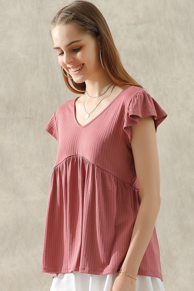 V NECK RUFFLED SHORT SLEEVE FLARE TUNIC TOP - Doublju