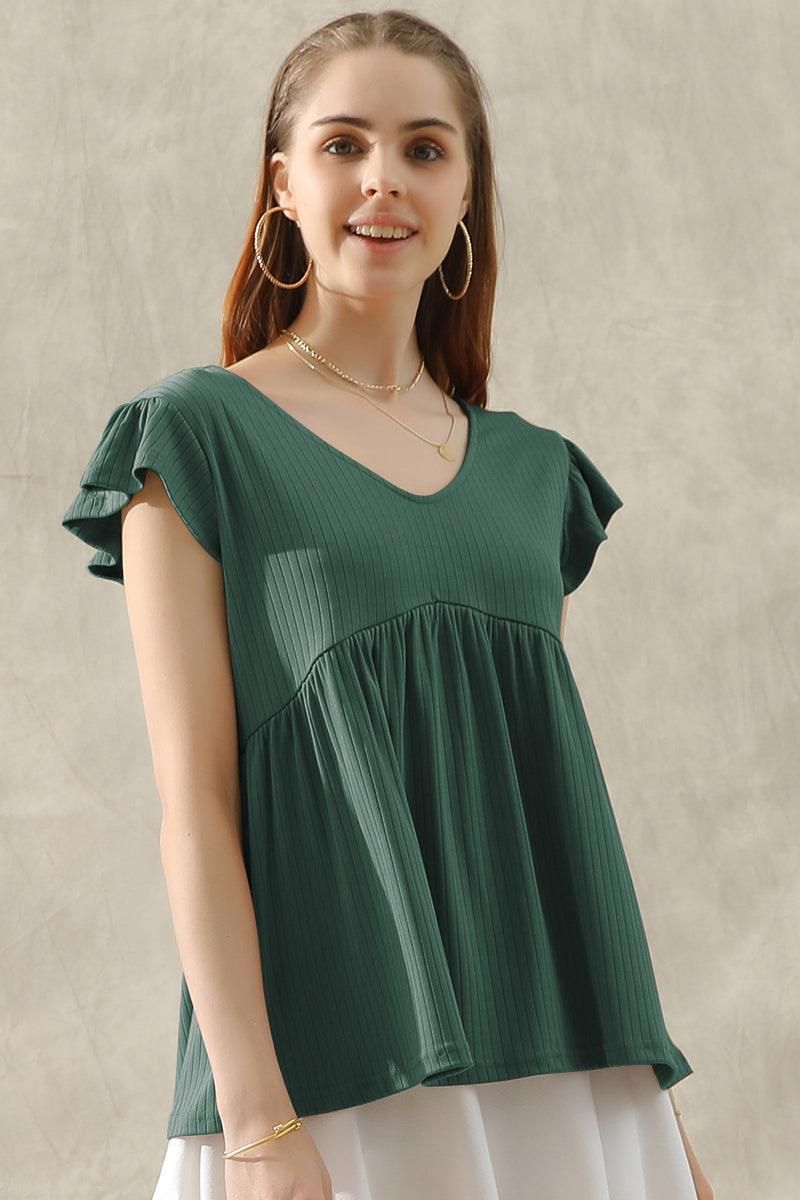 V NECK RUFFLED SHORT SLEEVE FLARE TUNIC TOP - Doublju