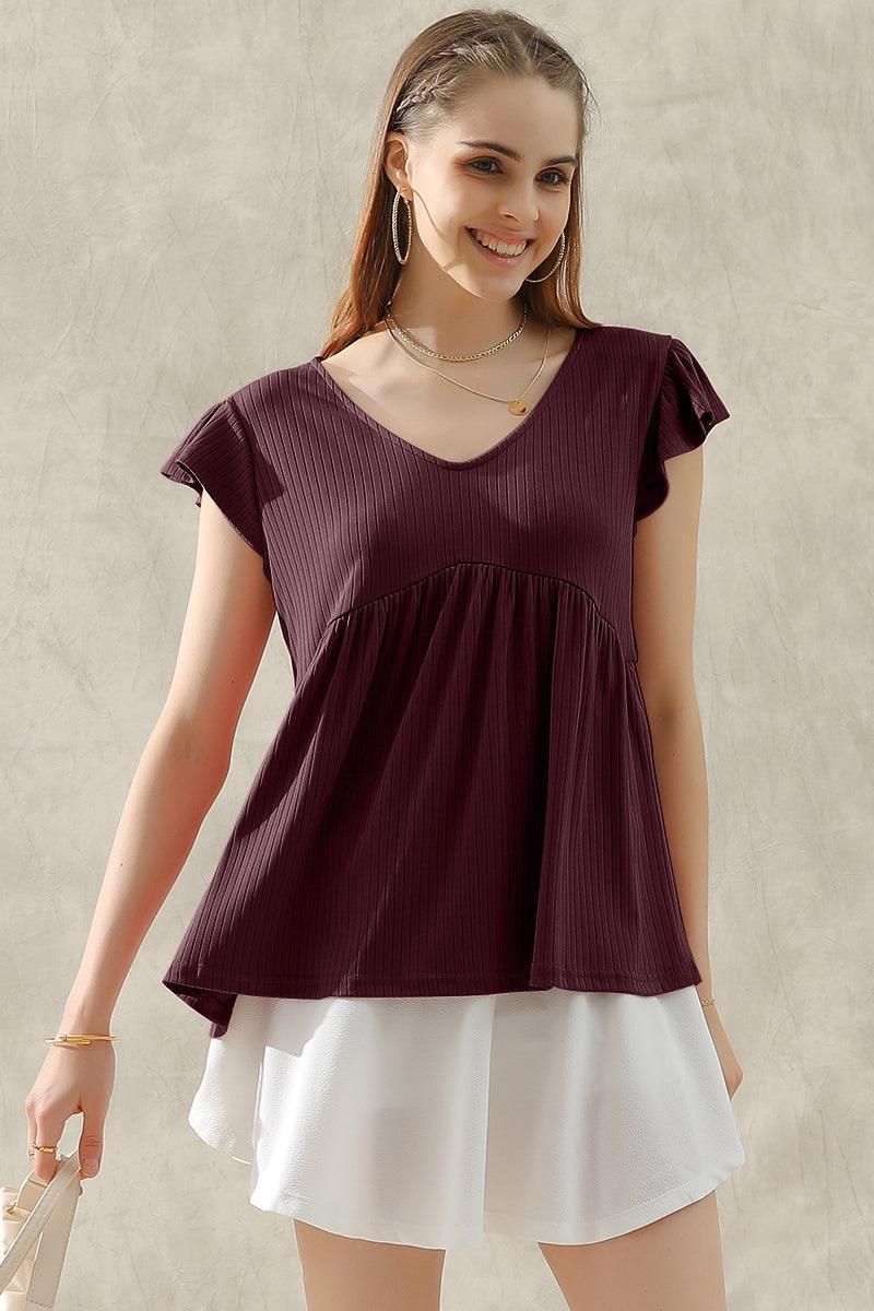 V NECK RUFFLED SHORT SLEEVE FLARE TUNIC TOP - Doublju