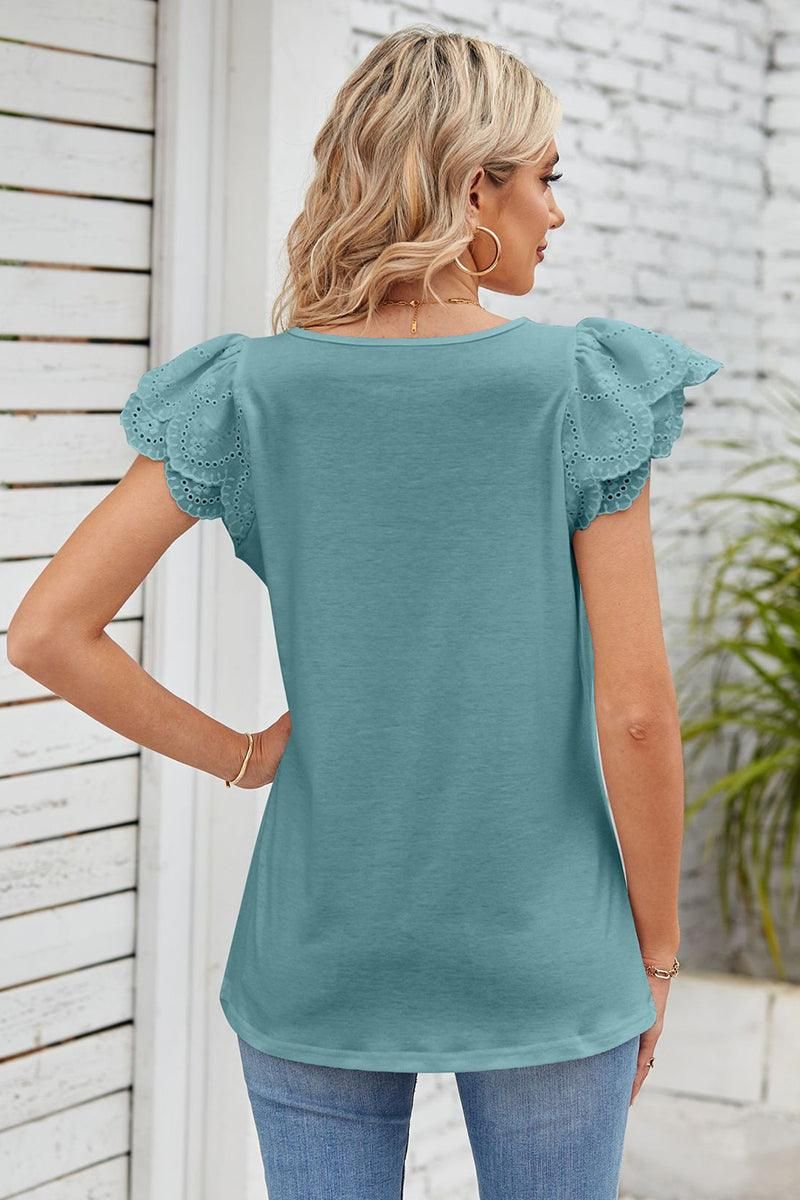PUNCHING LACE ANGEL SLEEVE SQUARE NECK TUNIC TOP - Doublju