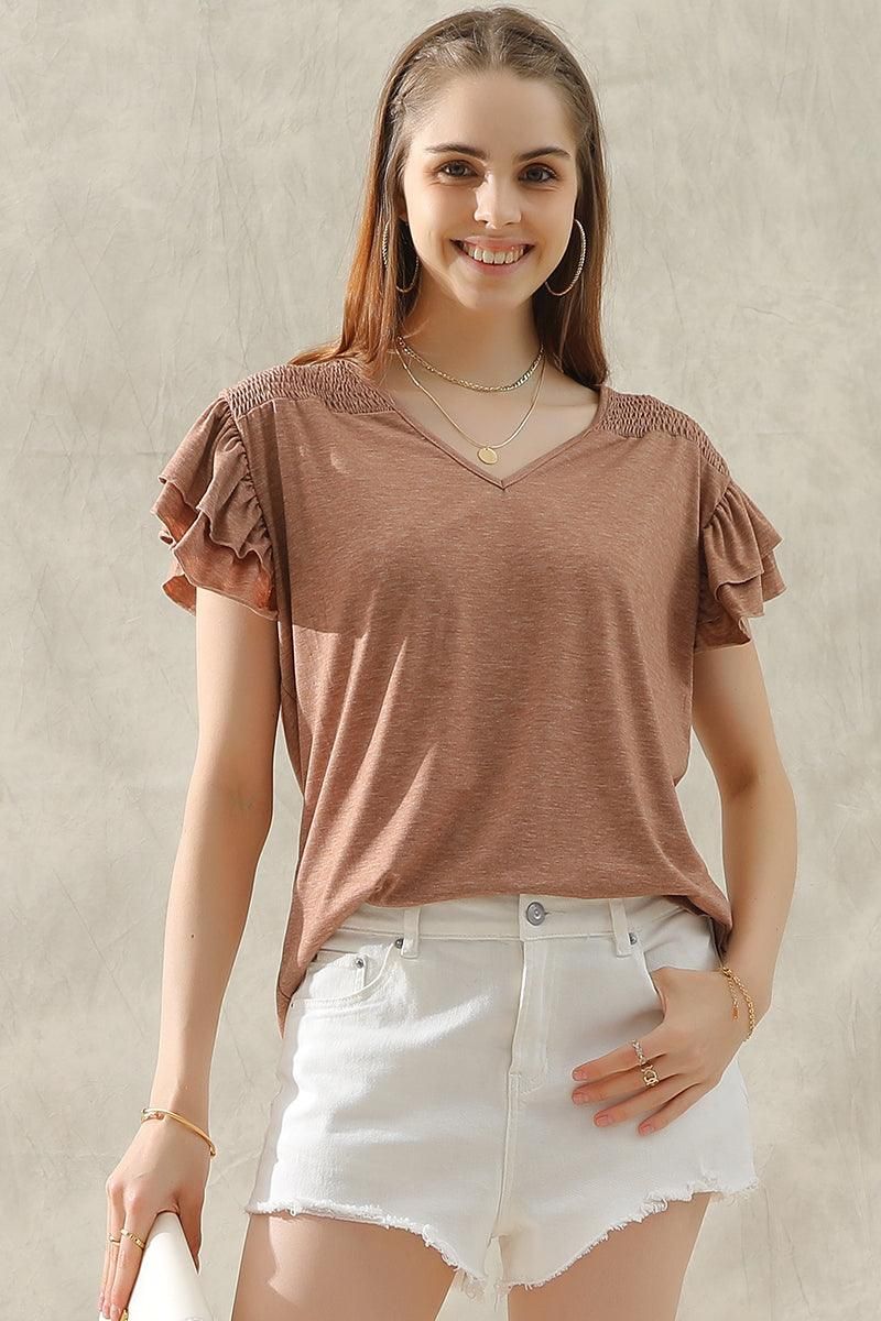 SMOKED SHOULDER RUFFLED SHORT SLEEVE TEE - Doublju