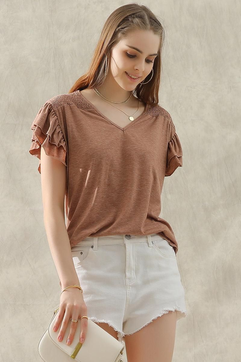 SMOKED SHOULDER RUFFLED SHORT SLEEVE TEE - Doublju