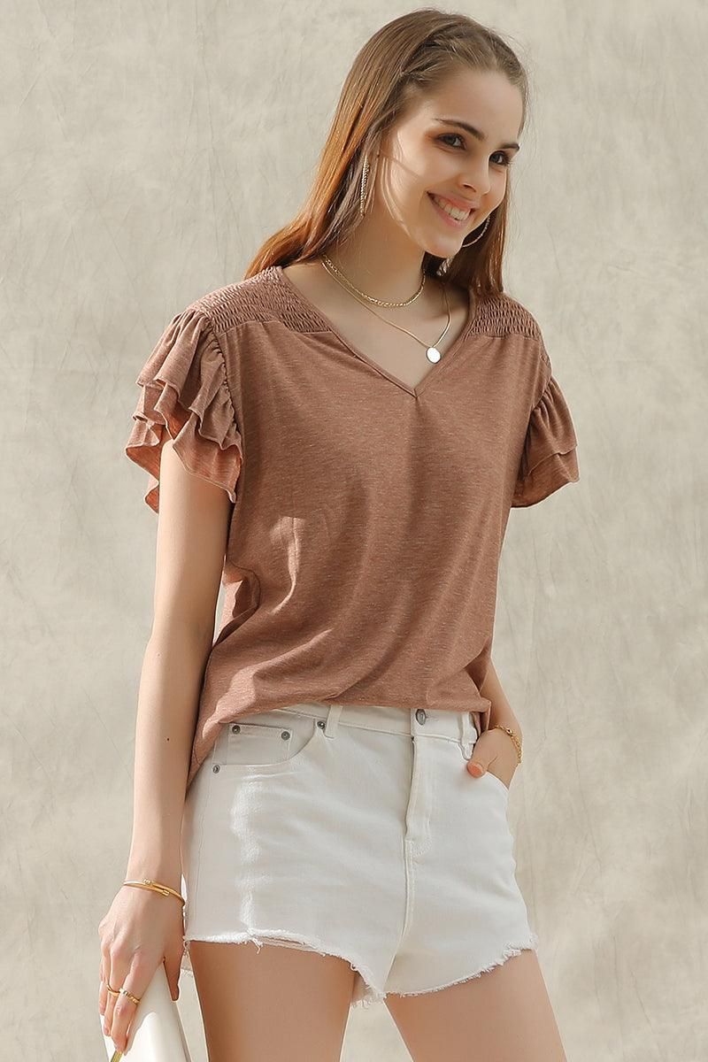 SMOKED SHOULDER RUFFLED SHORT SLEEVE TEE - Doublju